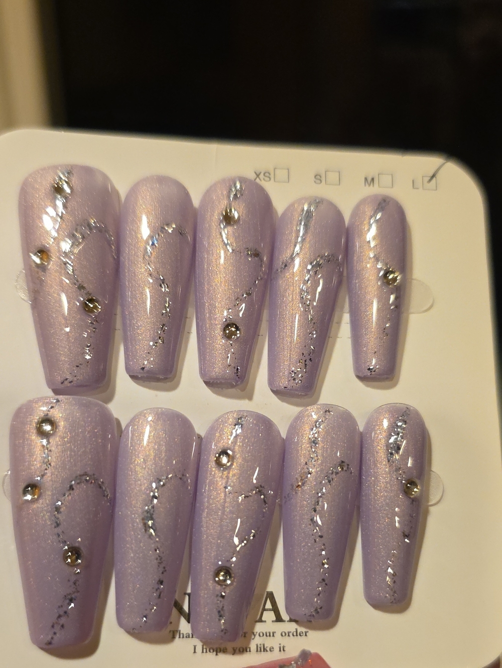 Lavender Pearl Press-On Nails with Silver Glitter & Rhinestones Size Large